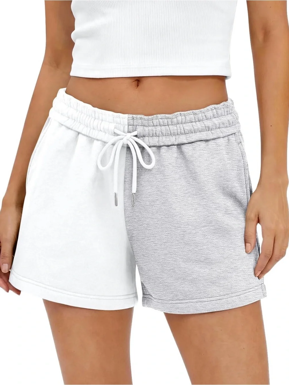 Two-Tone White and Light Gray Women's Drawstring Shorts
